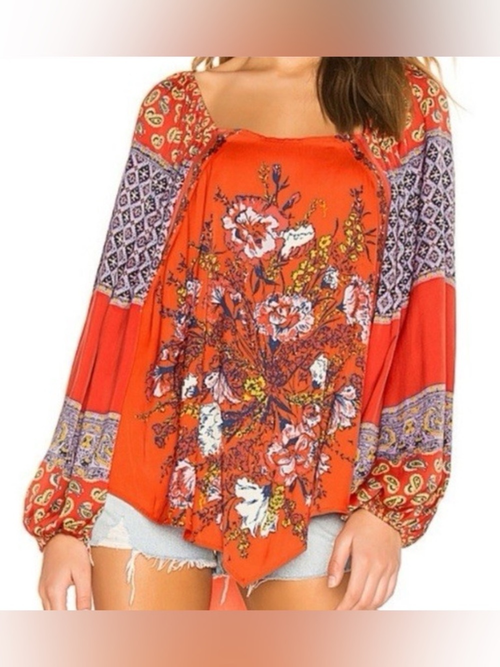 FREE PEOPLE RED FLORAL & PAISLEY PRINT IFF SHOULDER FLOWY, OVERSIZED TOP